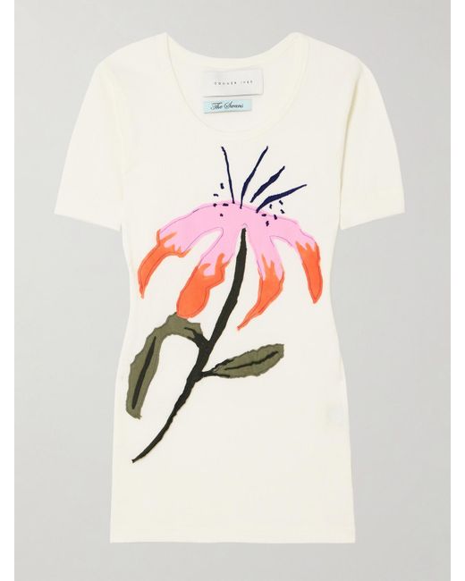 Conner Ives Natural Floral-Appliquéd Ribbed Cotton-Jersey T-Shirt