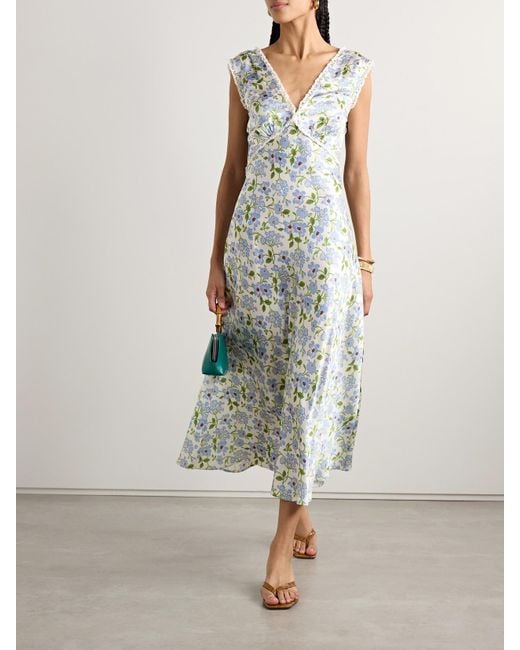 Doen White Tahlia Midikleid Aus Seiden-Charmeuse Mit Blumenprint Und Spitzenbesätzen