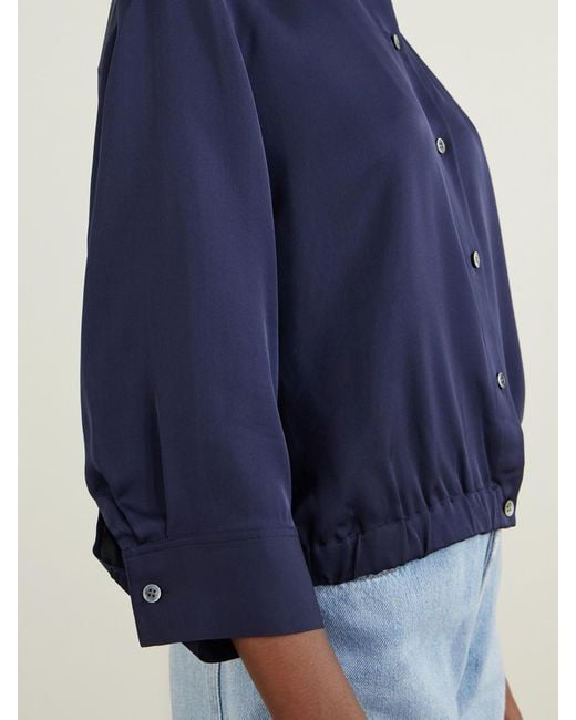 Theory Blue Gathered Crop Silk-Crepe Shirt