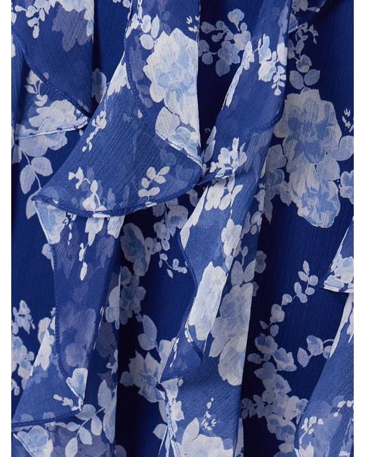Carolina Herrera Blue Midikleid Aus Seidenkrepon Mit Blumenprint, Rüschen Und Cape-Effekt