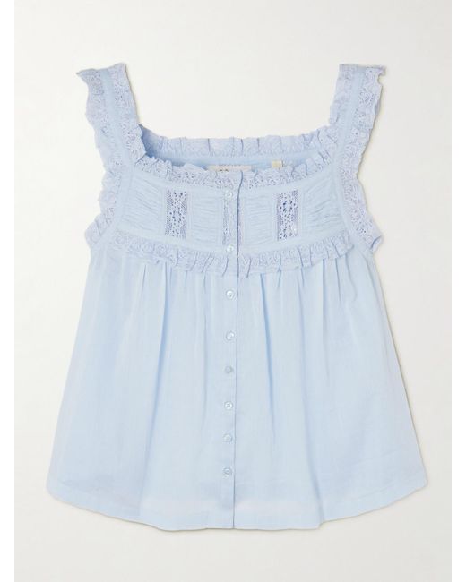 Doen Blue Fidella Cropped Lace-Trimmed Organic Cotton-Voile Top