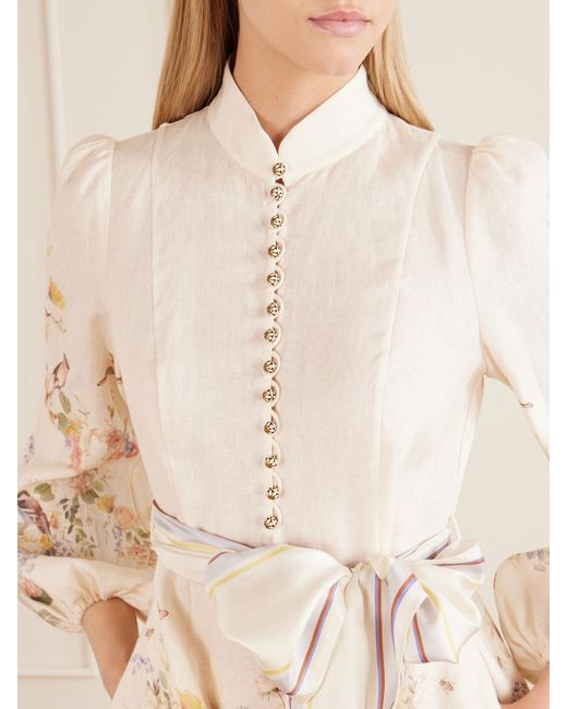 Zimmermann Natural Valiant Floral-Print Belted Linen Mini Dress