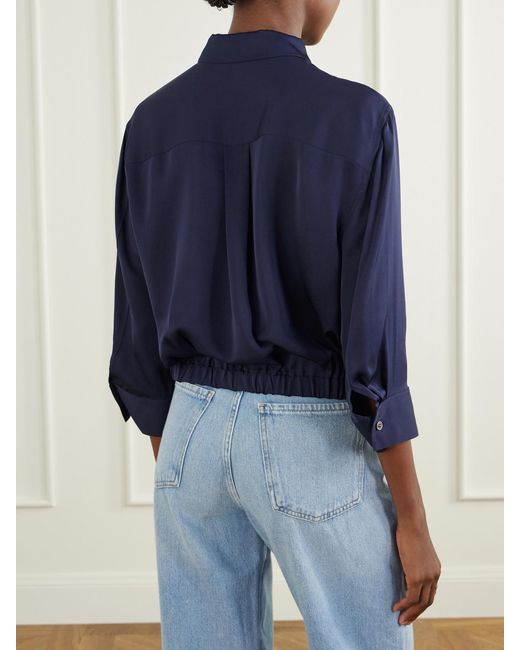 Theory Blue Gathered Crop Silk-Crepe Shirt