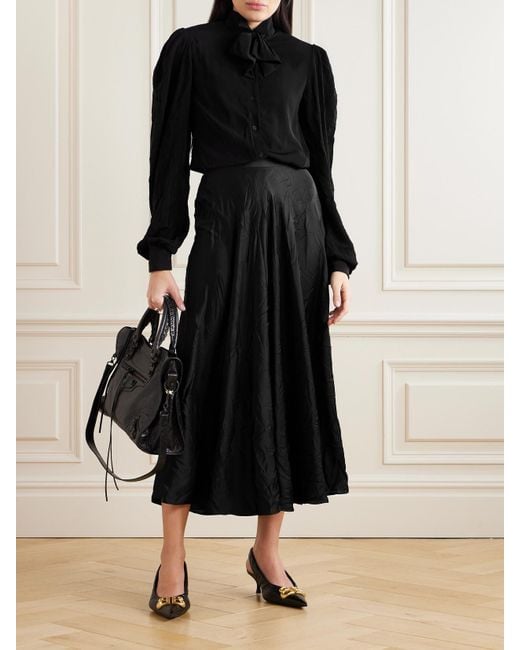 Balenciaga Black Pleated Crinkled-Satin Midi Skirt