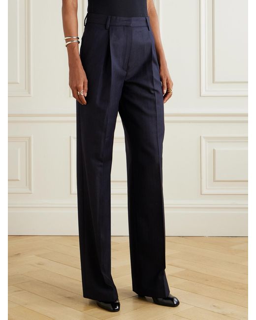 Dries Van Noten Blue Pleated Herringbone Wool Straight-Leg Pants