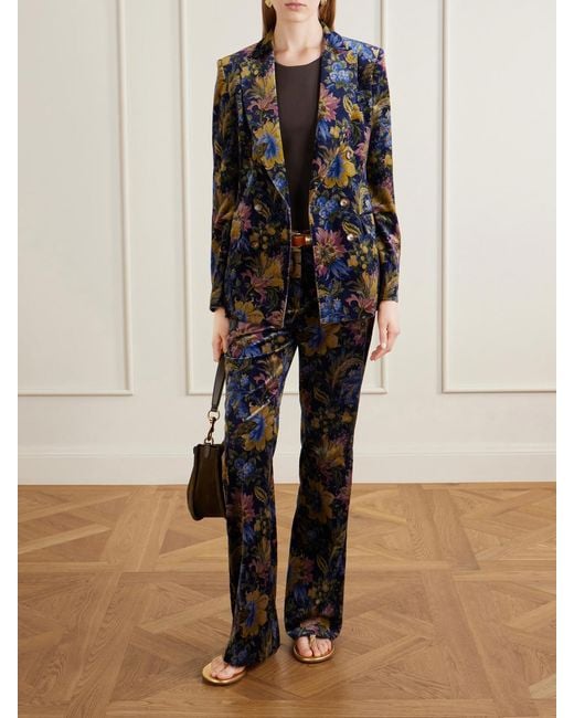 Etro Blue Printed Cotton-Blend Velvet Flared Pants