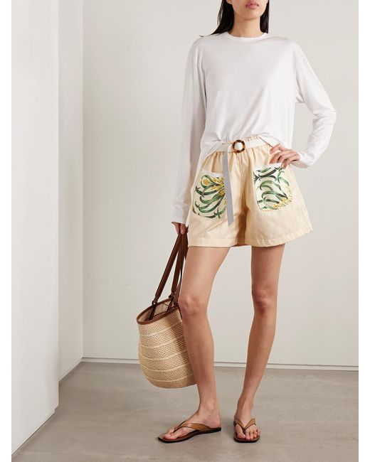Thank You Have A Good Day Natural Belted Printed Cloqué-Trimmed Cotton-Jacquard Shorts