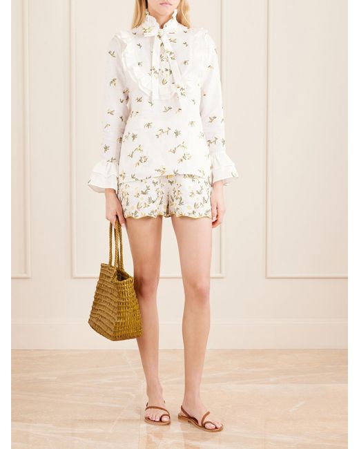 Christiano Marchelli Natural Elena Floral-Embroidered Linen Drawstring Shorts