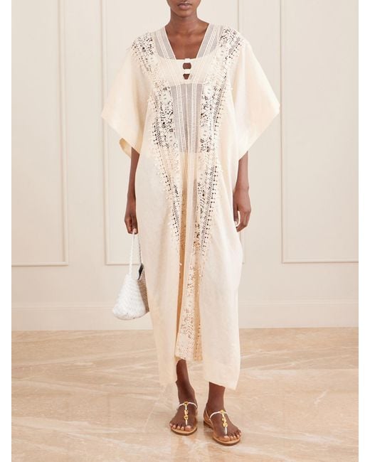 Miguelina Natural Brea Floral-Embroidered Linen Coverup
