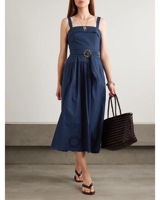 Saloni Blue Zinnia Buckled Cotton-Blend Poplin Midi Dress