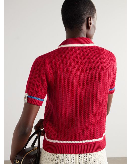 Bally Striped Open-Knit Cotton Polo Shirt in Red | Lyst