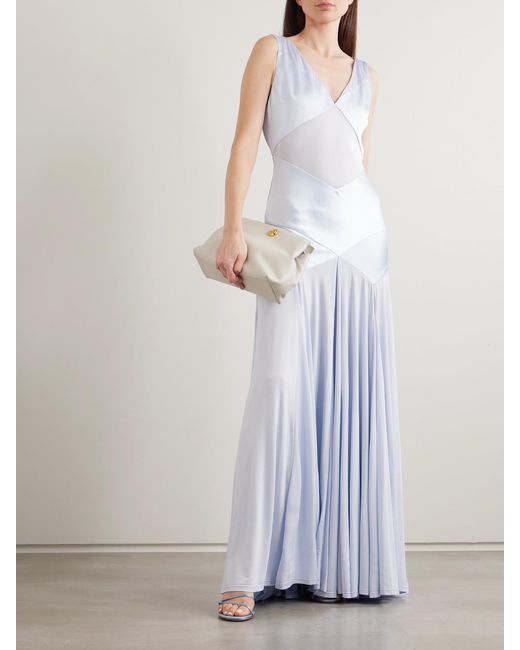Self-Portrait White Pleated Paneled Satin And Stretch-Jersey Maxi Dress