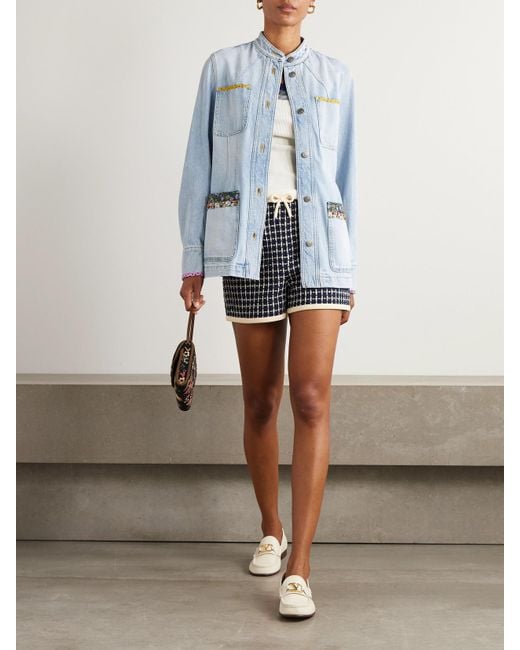 Valentino Garavani Blue Embellished Printed Chiffon-Trimmed Denim Jacket
