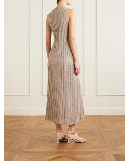 Brunello Cucinelli Natural Metallic Ribbed-Knit Midi Dress