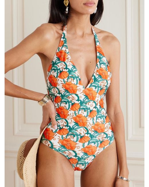 LaDoubleJ White Orlebar Floral-Print Halterneck Swimsuit