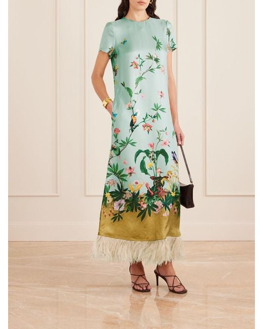 LaDoubleJ Blue Swing Feather-Trimmed Printed Silk-Twill Maxi Dress