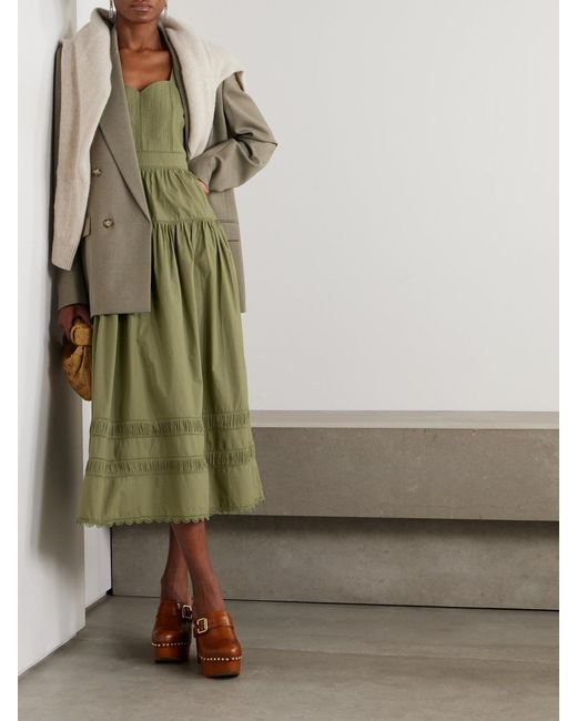 Ulla Johnson Green Isadora Tiered Lace-Trimmed Cotton-Poplin Midi Dress