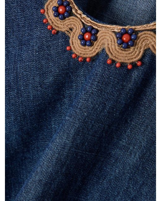 Valentino Garavani Blue Belted Embroidered Ruffled Embellished Chambray Top