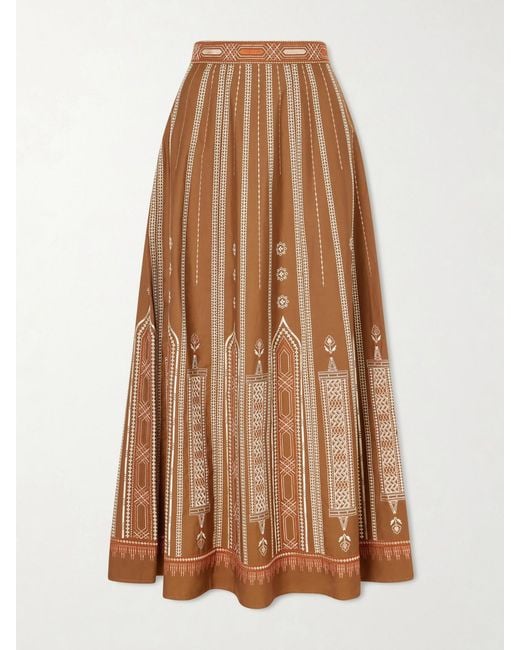 Emporio Sirenuse Brown Camille Embroidered Cotton-Blend Midi Skirt