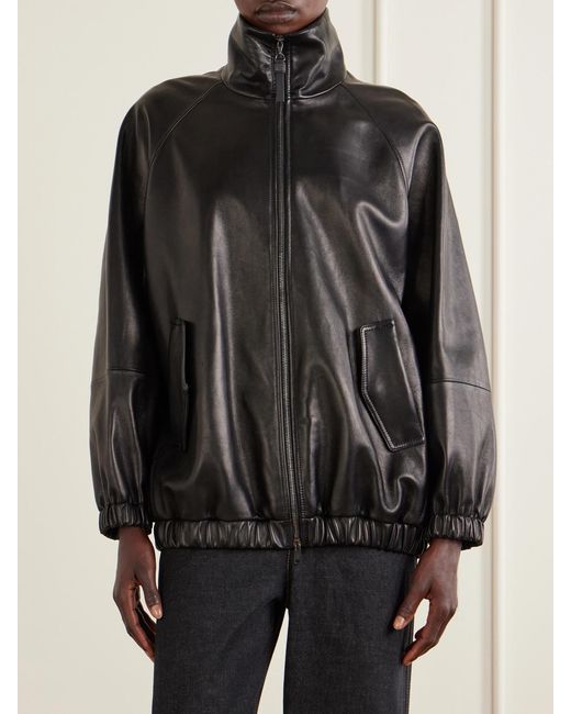 Brunello Cucinelli Black Leather Bomber Jacket