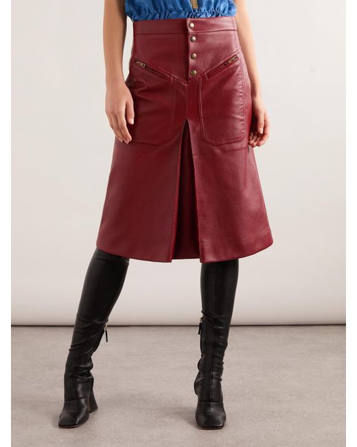 Chloé Red Pleated Paneled Leather Midi Skirt