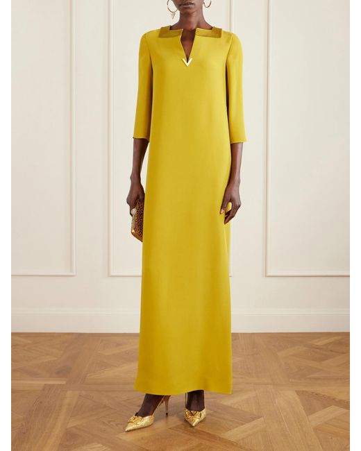 Valentino Garavani Yellow Embellished Satin-Trimmed Silk-Cady Gown
