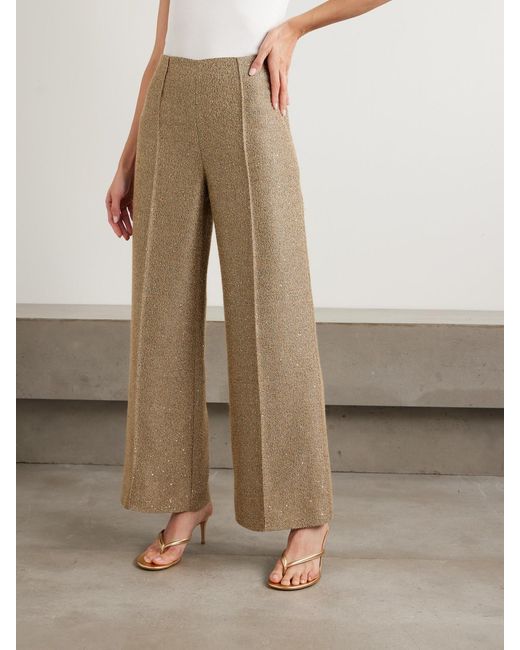 Emilia Wickstead Natural Daffy Pleated Sequined Metallic Tweed Wide-Leg Pants
