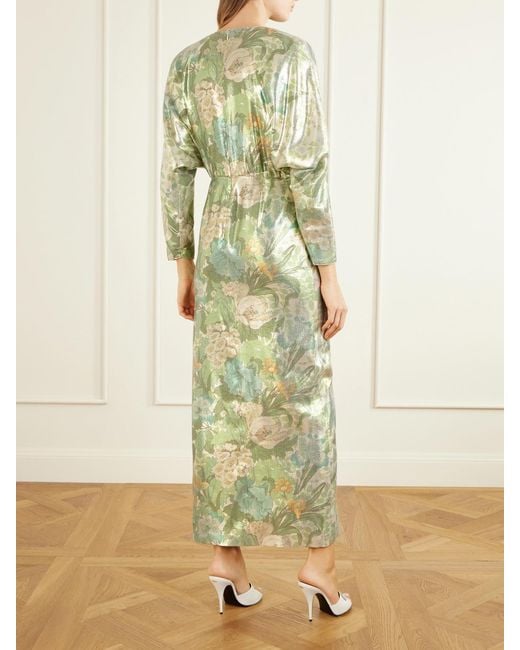 Valentino Garavani Green Cut-Out Floral-Print Silk-Blend Lamé Midi Dress