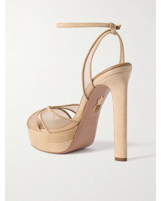 Aquazzura Natural Divine Plateau 130 Suede And Tulle Platform Sandals