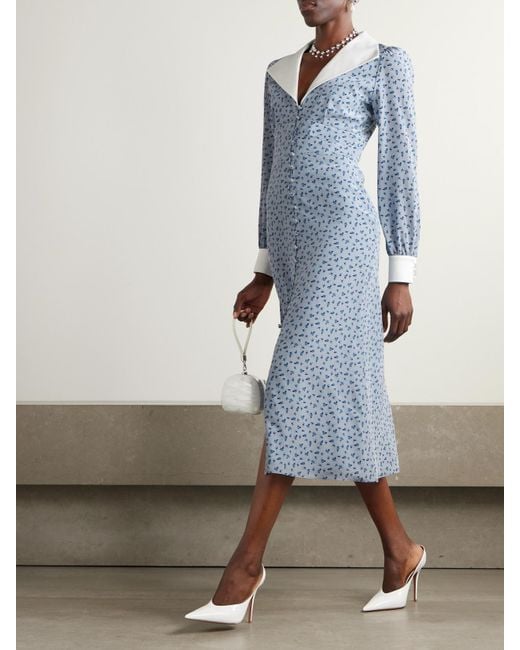 Alessandra Rich Blue Midi-Hemdblusenkleid Aus Crêpe De Chine Aus Seide Mit Blumenprint Und Mikadobesätzen