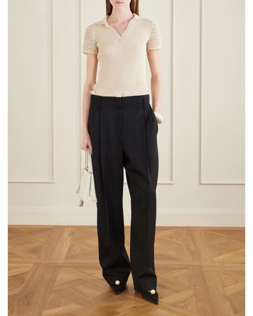 Magda Butrym Black Pleated Lace-Trimmed Wool Wide-Leg Pants