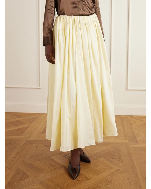Abadia Natural Elodie Pleated Duchesse-Satin Midi Skirt