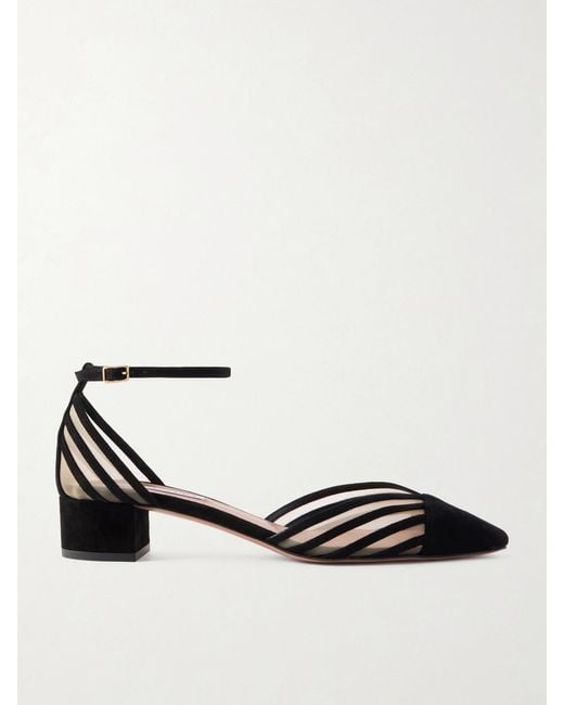Aquazzura White Alana 35 Suede-Trimmed Mesh Pumps