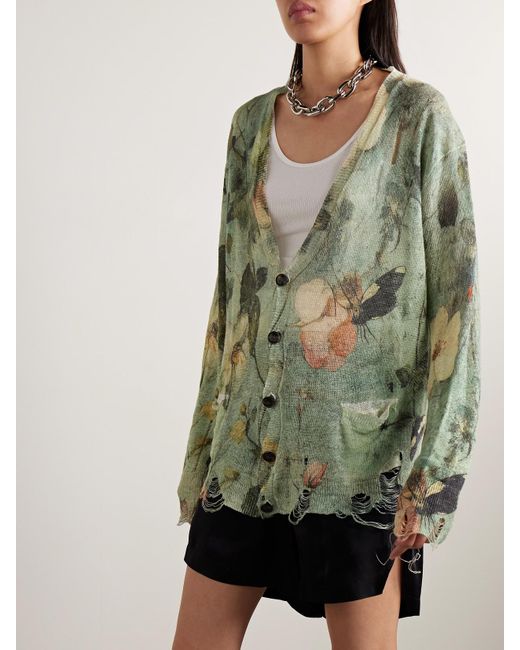 R13 Green Boyfriend Cardigan Aus Leinen Mit Blumenprint Und Distressed-Details