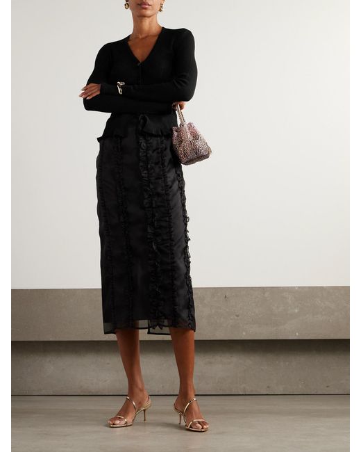 CECILIE BAHNSEN Black Ocean Ruffled Silk-Organza Midi Skirt