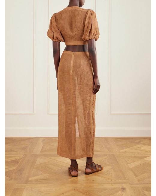 Lisa Marie Fernandez Brown Pouf Cropped Linen-Blend Gauze Wrap Top
