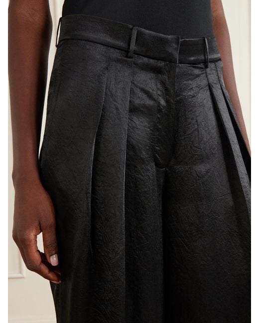 Abadia Black Pleated Satin High-Waist Wide-Leg Pants