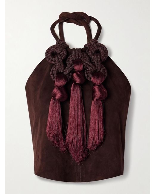 Johanna Ortiz Red Kell Cropped Tasseled Suede Halterneck Top