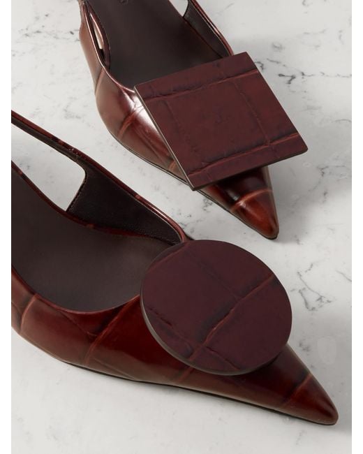 Jacquemus Brown Duelo Embellished Croc-Effect Leather Slingback Pumps