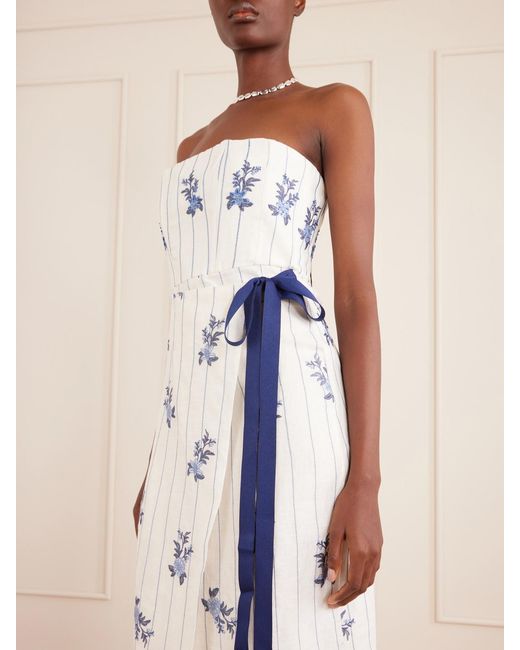 Agua Bendita White Cinefila Striped Embellished Linen Midi Dress