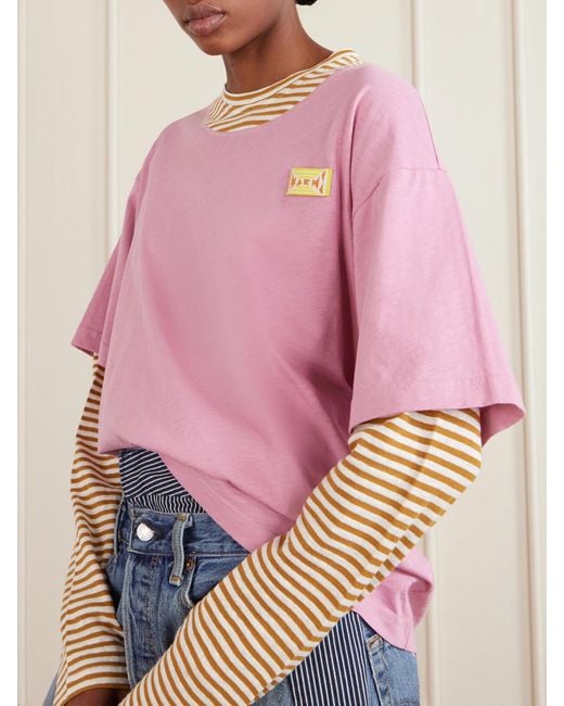 Marni Pink Appliquéd Striped Linen And Cotton-Blend T-Shirt