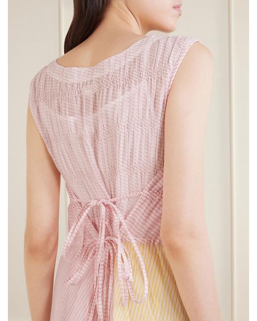 Eka Pink Ember Tie-Detailed Striped Cotton Silk Dress