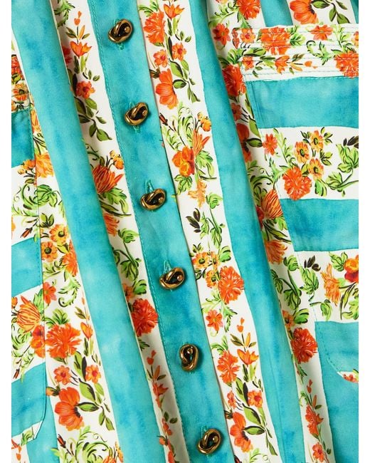 Saloni Blue Kirat Belted Striped Floral-Print Cotton-Poplin Midi Skirt