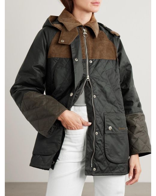 Barbour Gray Imelda Hooded Corduroy-Trimmed Waxed-Cotton And Quilted Shell Jacket