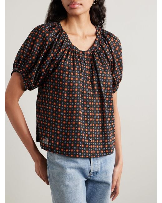 Doen Black June Gathered Floral-Print Organic Cotton-Voile Blouse