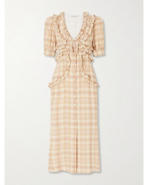 Alessandra Rich Natural Ruffled Checked Silk Midi Dress