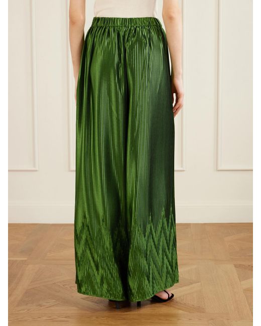 ‎Dima Ayad Green Metallic Plissé-Satin Wide-Leg Pants