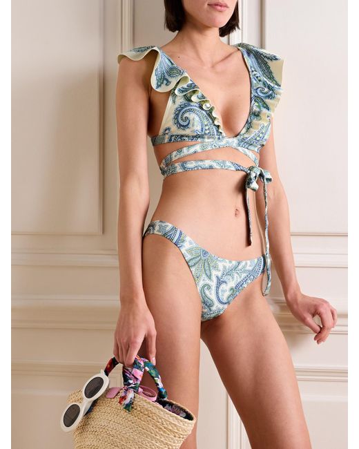 Zimmermann Blue Ottie Tie-Front Ruffled Paisley-Print Bikini