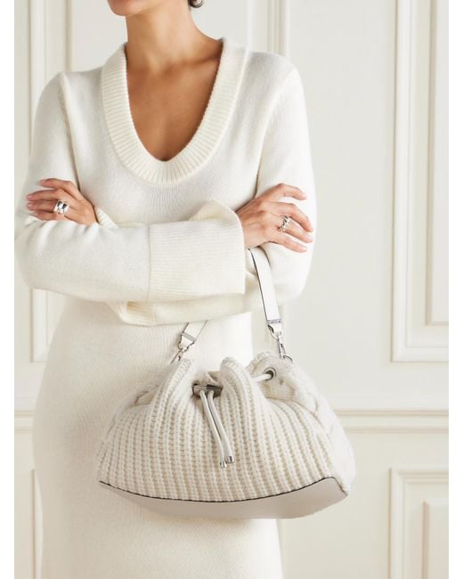 Jimmy Choo Natural Cinch Medium Leather-Trimmed Cable-Knit Wool Shoulder Bag