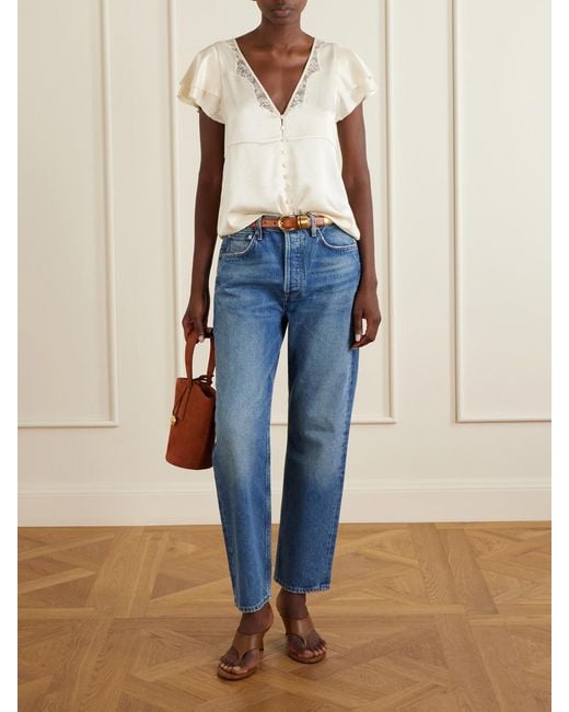 Citizens of Humanity Natural Lola Flutter Lace-Trimmed Satin Blouse